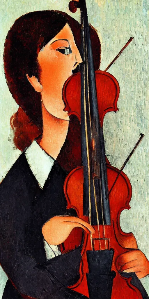 Prompt: violin player portait by modigliani, very detailed, intricate symmetric, soft shadow, dslr, 4 k