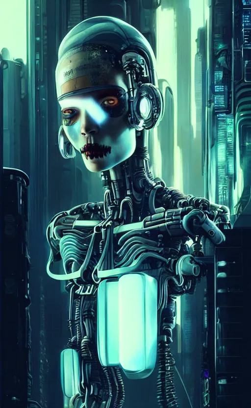 Image similar to beautiful crying! female mechanical android!, half portrait, intricate detailed environment, photorealistic!, octane render, concept art, cinematic, interstellar, ultra detailed, sharp, el dia los muertos!, cyberpunk, bladerunner, 8 k, by angus mckie, moebius, maciej kuciara, stanley lau, artgerm, greg rutkowski