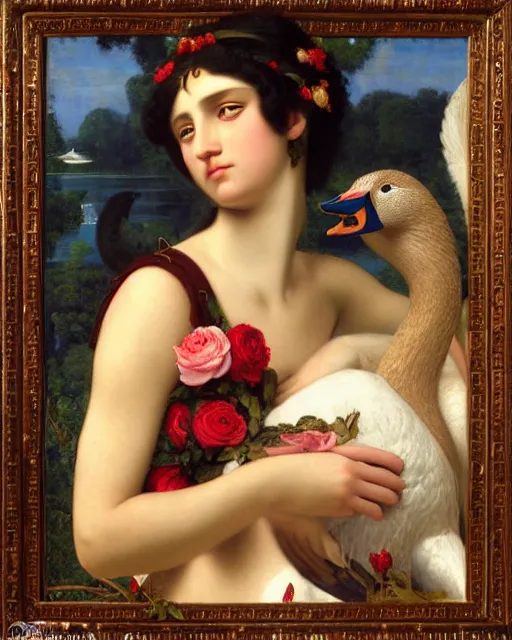 Image similar to beautiful portrait of a goddess hugging a swan, beautiful eyes, pomegranates and roses, close-up portraiture, golden ratio, painted by John William Godward and Jean Auguste Dominique Ingres and Anna Dittman,