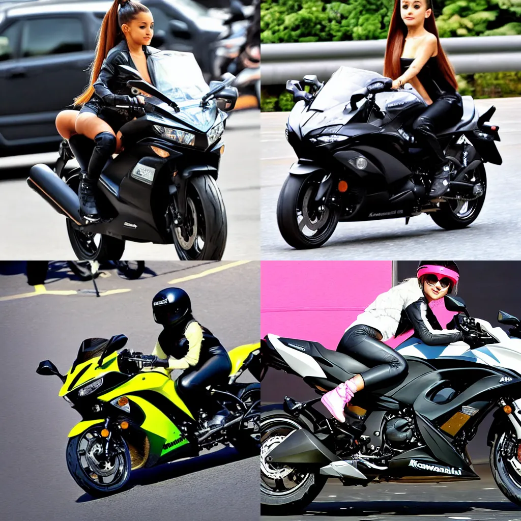 Prompt: Ariana Grande riding a Kawasaki Ninja bike, photograph