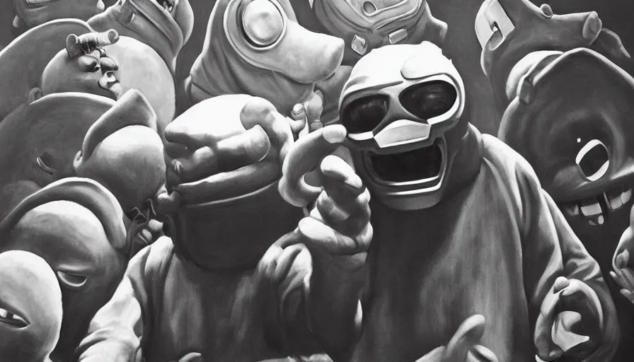 Prompt: beautiful lifelike painting of mf doom performing with the teletubbies, hyperreal detailed facial features and uv lighting, art by ed roth and basil wolverton