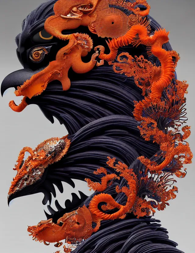 Image similar to 3 d goddess close - up profile portrait biomechanics with ram skull. beautiful intricately detailed japanese crow kitsune mask and clasical japanese kimono. betta fish, jellyfish phoenix, bio luminescent, plasma, ice, water, wind, creature, artwork by tooth wu and wlop and beeple and greg rutkowski. gold black teal and orange color scheme