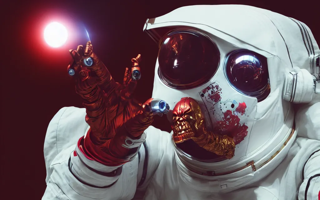 Image similar to angry ornate red skull in astronaut suit, gold linens, cinematic lighting, dramatic, octane render, long lens, shallow depth of field, bokeh, anamorphic lens flare, 8k, hyper detailed, 35mm film grain, hazy