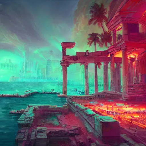 Prompt: neon ancient ruins in the sea, retrowave art, digital alt,trending on art station