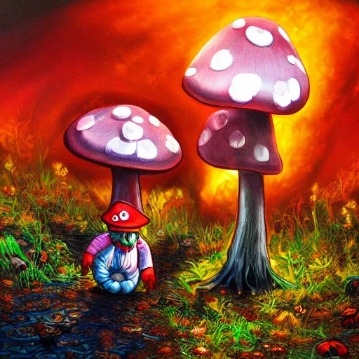 Image similar to a mushroom firefighter, light and shadow, glowing, vivid, detailed painting, by tim burton, high detail, trending on artsation, masterpiece, award winning