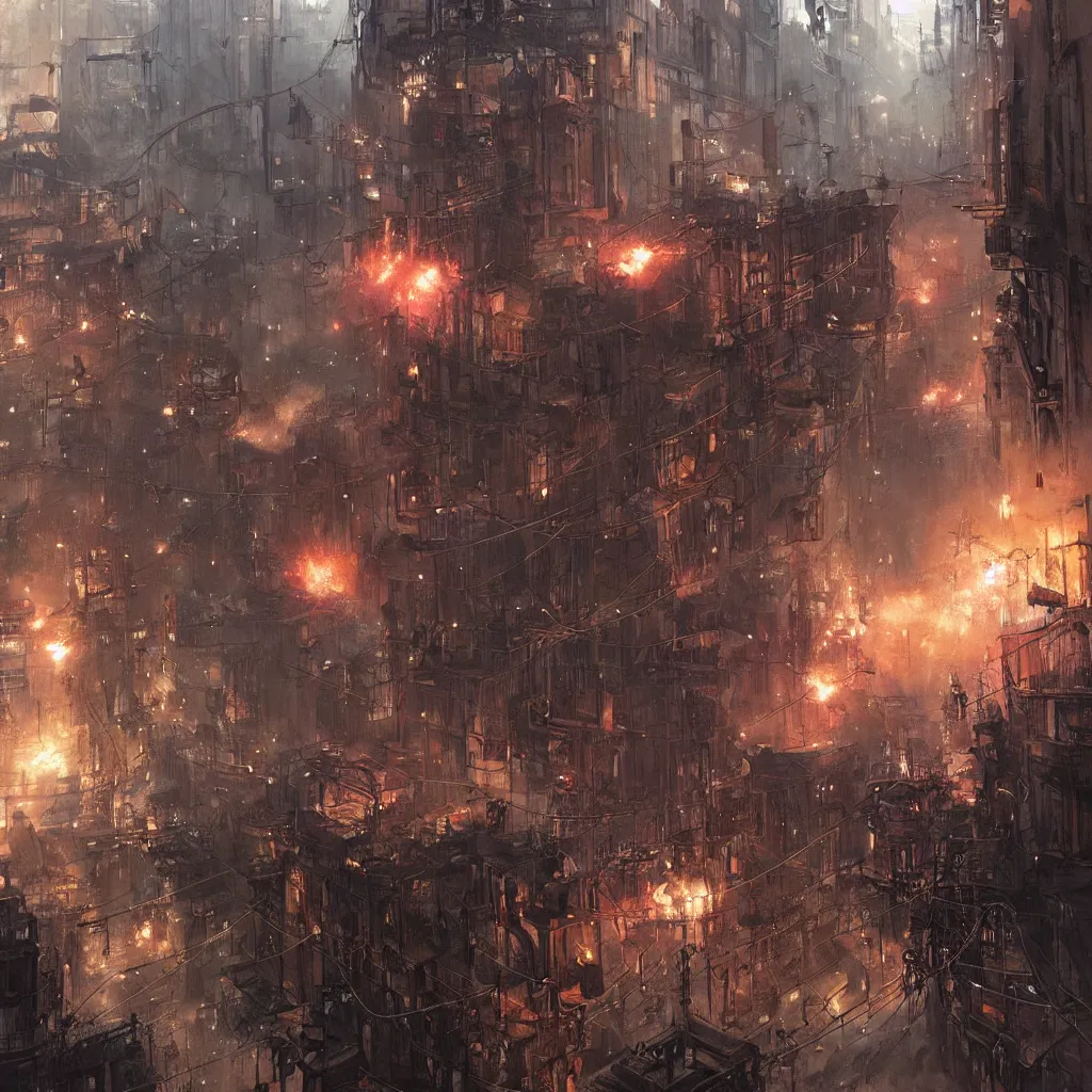 Image similar to steam punk city under attack, by greg rutkowski, so many wires