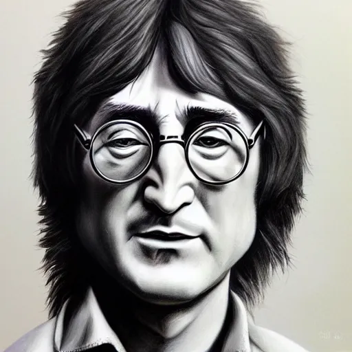 Image similar to Caricature portraits done of John Lennon, realistic, hyperrealistic, very realistic, highly detailed, very detailed, extremely detailed, detailed, oil painting, digital art, trending on artstation