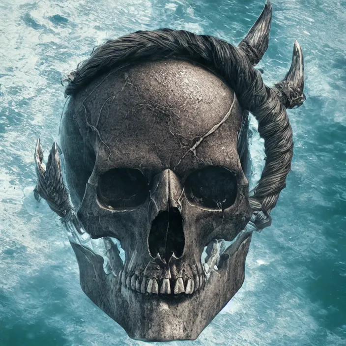 Image similar to half viking half skull rising through water surface seen from above, dark fantasy art, 4k ultra hd, trending on artstation