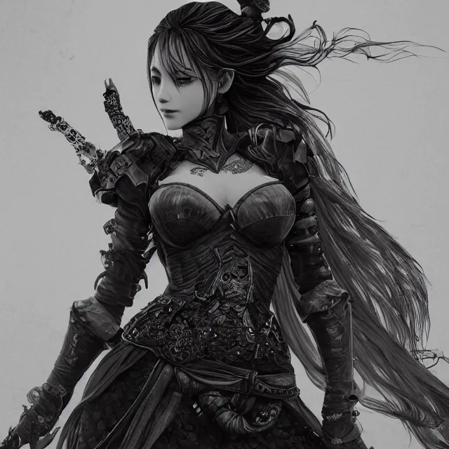 Prompt: the portrait of the neutral evil fallen female dark knight vagabond as absurdly beautiful, gorgeous, elegant, sophisticated gravure idol, an ultrafine hyperdetailed illustration by kim jung gi, irakli nadar, intricate linework, detailed faces open eyes, octopath traveler, final fantasy, unreal engine 5 highly rendered, global illumination, detailed and intricate environment