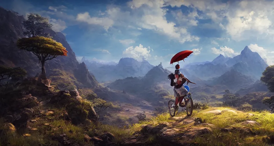 Image similar to An epic fantasy anime style landscape painting of an African mountain range, with a kenyan Mountainbiker and a blue umbrella, unreal 5, DAZ, hyperrealistic, octane render, dynamic lighting