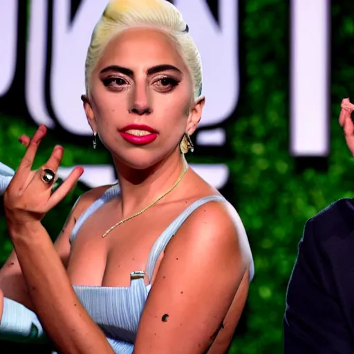 Image similar to lady gaga and aubrey plaza side eyeing each other during a late show interview