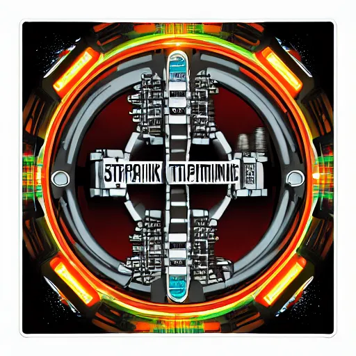 Image similar to sticker of a rock band, name is text tripmachine, on the sticker is a 3 d render of a huge futuristic steampunk generator with gears and music instruments, 8 k, fluorescent colors, halluzinogenic, multicolored, exaggerated detailed, silk screen art