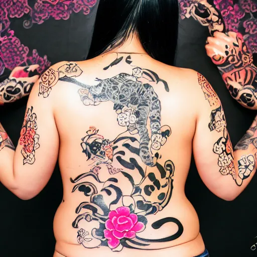 Image similar to photography of the back of a woman with a black detailed irezumi tatto representing a gold tiger with pink flowers on her entire back, dark hangar background, mid-shot, editorial photography