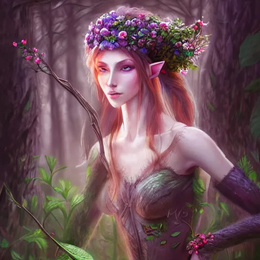 Prompt: a picture of a forest elf cloths in flowers and leaves, high fantasy, elegant, epic, detailed, intricate, digital painting, concept art, realistic, smooth, focus, rim light,