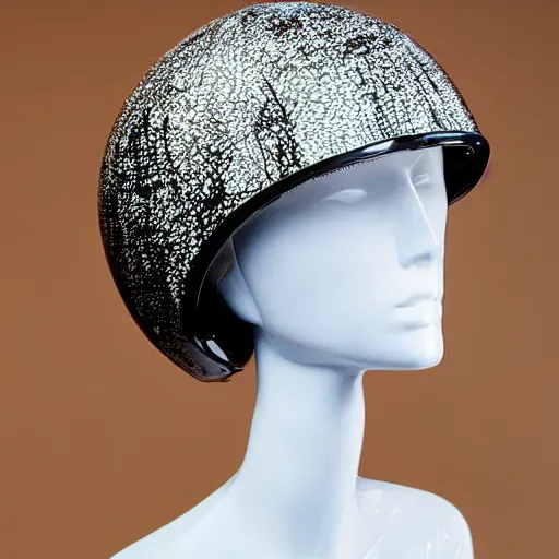 Prompt: high fashion helmet worn by a slender female model