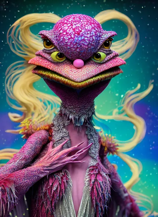 Image similar to hyper detailed 3d render like a Oil painting - kawaii portrait of two Aurora (a beautiful skeksis muppet fae princess protective playful expressive from dark crystal that looks like Anya Taylor-Joy) seen red carpet photoshoot in UVIVF posing in scaly dress to Eat of the Strangling network of yellowcake aerochrome and milky Fruit and His delicate Hands hold of gossamer polyp blossoms bring iridescent fungal flowers whose spores black the foolish stars by Jacek Yerka, Ilya Kuvshinov, Mariusz Lewandowski, Houdini algorithmic generative render, golen ratio, Abstract brush strokes, Masterpiece, Edward Hopper and James Gilleard, Zdzislaw Beksinski, Mark Ryden, Wolfgang Lettl, hints of Yayoi Kasuma and Dr. Seuss, octane render, 8k