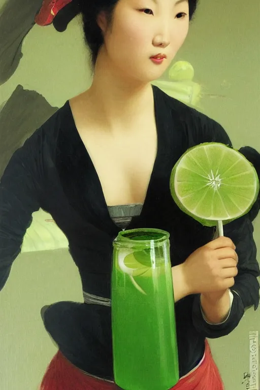 Prompt: a beautiful oriental woman, in a strict suit, distributes green lemonade with a painfully face at a children's party, highly detailed, artstation, illustration, jurgens, rutkowski, bouguereau, canon eos r 3