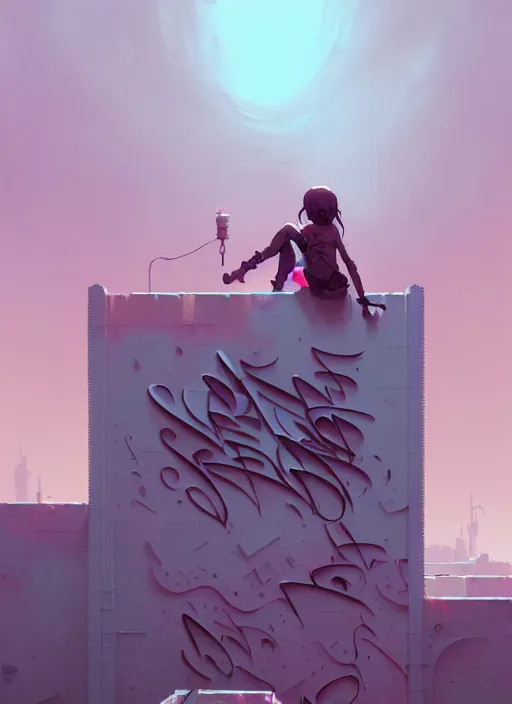 Image similar to highly detailed matte painting, of 3 d calligraphy graffiti tag wall, by atey ghailan, by greg rutkowski, by greg tocchini, by james gilleard, by joe fenton, by kaethe butcher, pink, brown, light blue and white mystical color scheme, grunge aesthetic, octane render