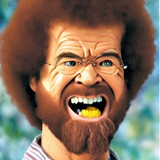 Image similar to angry screaming bob ross with a really long neck