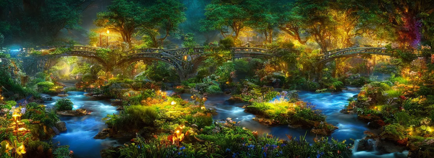 Image similar to photograph of enchanted garden, blue river in the middle, 1 glowing bridge crossing river, plants with intricate detail, by marc adamus, highly detailed, intricate detail, cinematic lighting