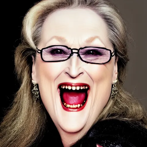 Prompt: evil vampire Meryl Streep with huge fangs