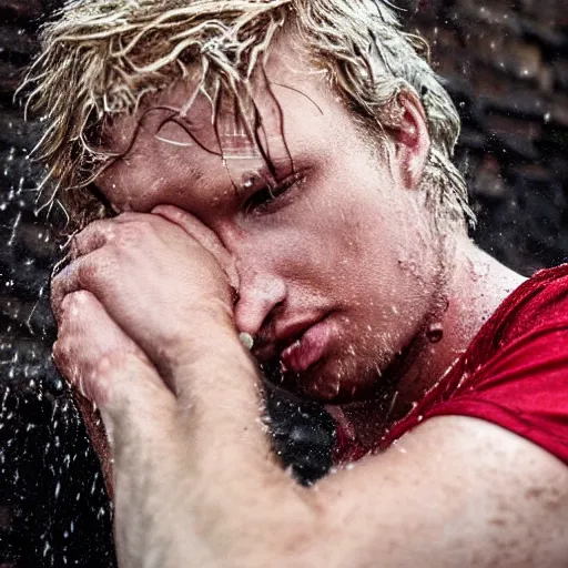 Prompt: sweaty young blond man wearing a soaked red shirt, his hair is wet and messed up, he is sad and lonely