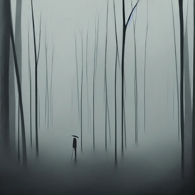 Image similar to Gediminas Pranckevicius painting of a person standing in the rain surrounded by trees, a digital rendering by Eyvind Earle, deviantart, digital art, matte drawing, deviantart, soft mist