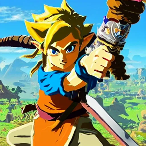 Image similar to a screencap of the legend of zelda breath of the wild, of goku in breath of the wild