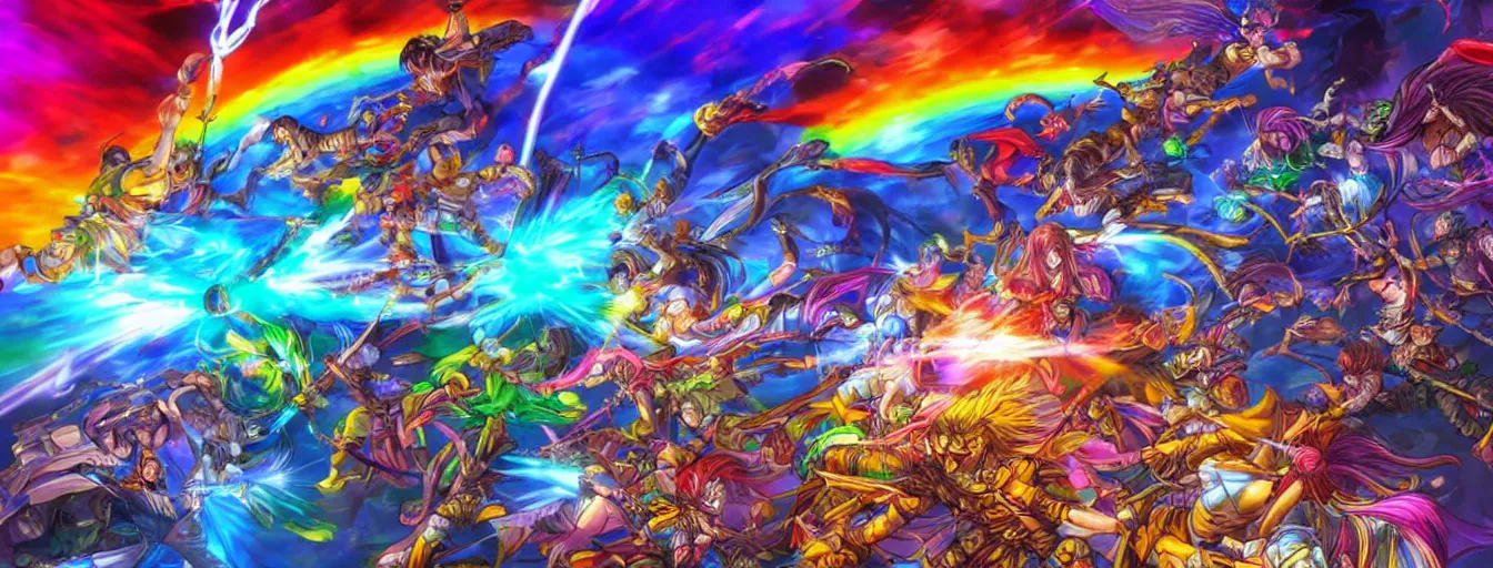 Prompt: super intensely colorful rainbow souls fighting on a battlefield with spirit power flying around. hyperrealistic anime background illustration by kim jung gi, colorful, extremely detailed intricate linework, smooth, super sharp focus, bright colors, high contrast, matte, octopath traveler, unreal engine 5 highly rendered, global illumination, radiant light