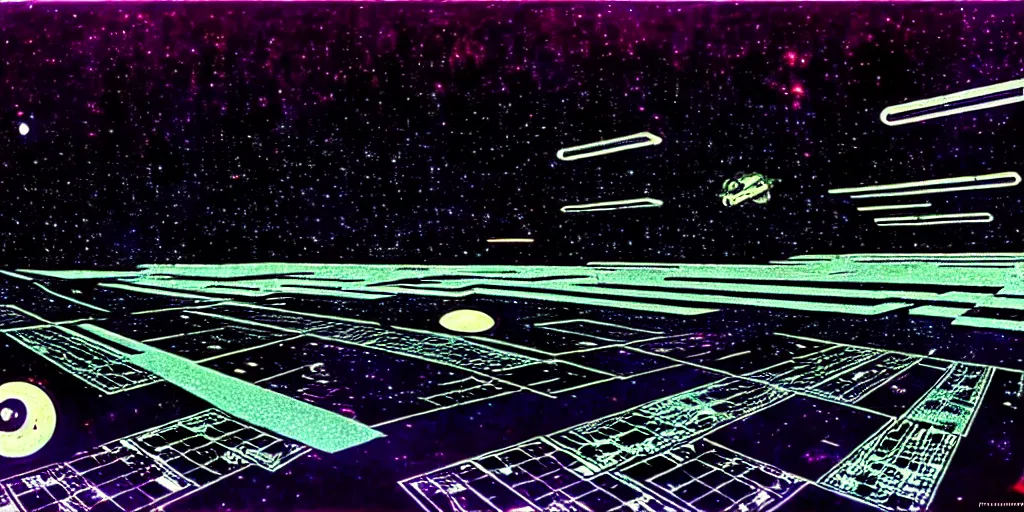 Prompt: interior shot of a space port at night, retro punk, ink by Frank Miller, cinematography by Jim Jarmusch, composition by Hale Woodruff, soundtrack by Aphex Twin, background by Moebius.