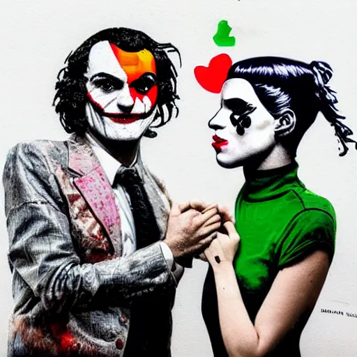 Prompt: mimmo rottela and banksy as joaquin phoenix skinny joker holding hand lady gaga harley queen, very realistic, intricate details, pop art style, concept art, confident, love, random object movement, 3 colours, proportional, warm color, 4 k, ultra smooth, sharp focus