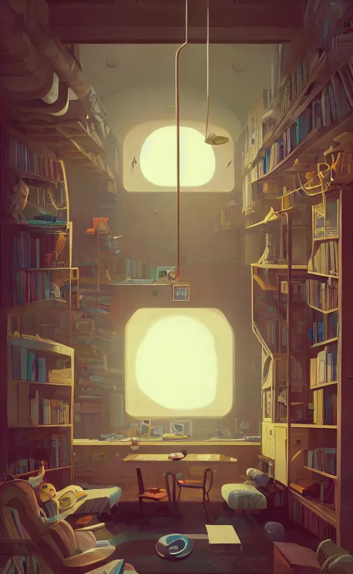 Image similar to Interior shot of a cozy loft by Petros Afshar and Beeple, James Gilleard, Mark Ryden, Wolfgang Lettl highly detailed