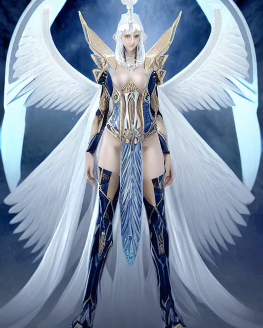 Image similar to perfect white haired egyptian goddess wearing white dove wings, warframe armor, regal, attractive, ornate, sultry, beautiful, dreamy, half asian, pretty face, blue eyes, detailed, scifi platform, 4 k, ultra realistic, epic lighting, android body, illuminated, cinematic, masterpiece, art by akihito tsukushi, voidstar, artgerm