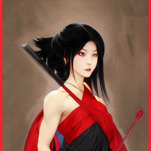 Prompt: muscular female fighting shrine maiden miko with long flowing black hair wearing a red hakama over a black leotard, intricate, highly detailed, digital painting, artstation, concept art, smooth, sharp focus, illustration, art by artgerm and greg rutkowski, alphonse mucha, frank frazetta