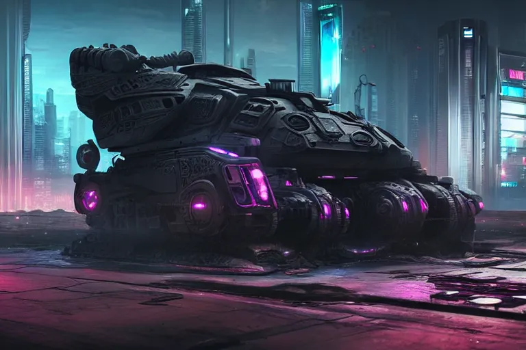 Image similar to cyberpunk alien concept inspired tank, futuristic look, highly detailed body, very powerful, photorealistic camera shot, bright studio setting, studio lighting, crisp quality and light reflections, unreal engine 5 quality render