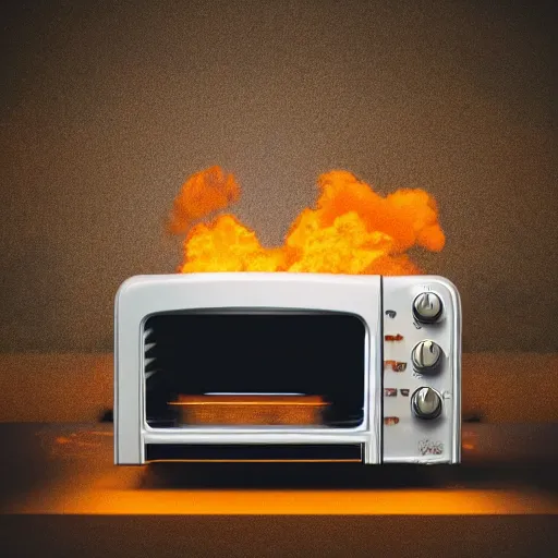 Prompt: toaster oven connected to 1 0 0 cables, symmetry, dark messy smoke - filled cluttered workshop, dark, dramatic lighting, orange tint, sparks, cinematic, highly detailed, sci - fi, futuristic, movie still