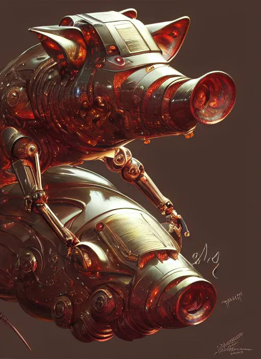 Image similar to robotic pig, d & d, wet, shiny, fantasy, intricate, elegant, extremely higly detailed, ultra definition, digital painting, artstation, anatomical perfection, baroque, one object, concept art, smooth, sharp focus, illustration, art by artgerm and greg rutkowski and alphonse mucha