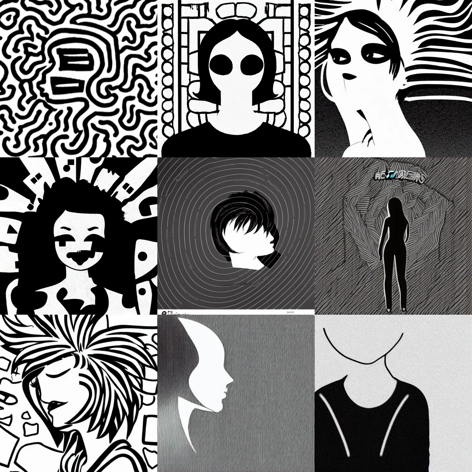 Prompt: black and white logo of faceless woman head and shoulders and hair, central composition, elegant, simple, in style of scott pilgrim