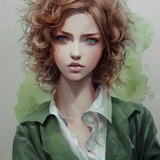 Prompt: short curly blonde haired girl, green eyes, artstation, watercolor, highly detailed, portrait, by krenz cushart