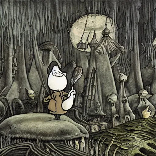 Prompt: the moomins in moominvalley, hr giger artwork, very detailed!, high quality, 4 k