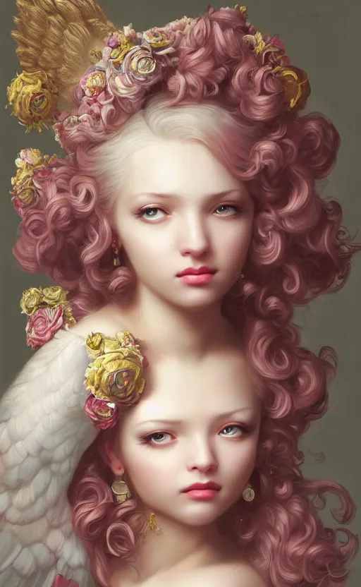 Image similar to pop surrealism, rococo, baroque hair, angelic young female seductive - fine - face, pretty face, key visual, realistic shaded perfect face, fine details by stanley artgerm lau, wlop, mark ryden, andrei riabovitchev, marc simonetti, and sakimichan, trending on artstation