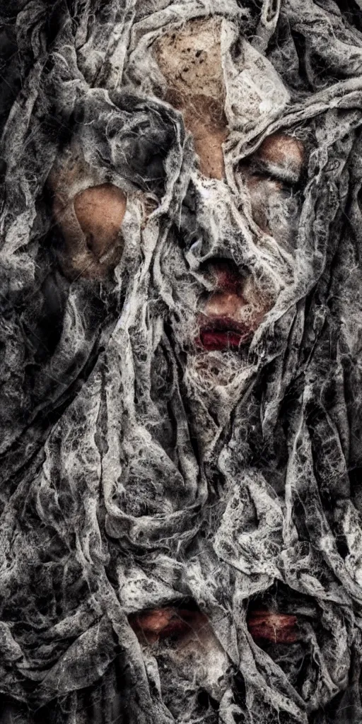 Image similar to feeling rage like never before, surrealism, abstract human face, hidden behind torn cloth swirling violently, abstract cloth simulation, tattered fabric, rags, ragged