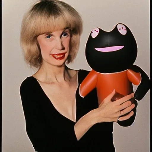 Image similar to 1976 woman wearing a long prosthetic snout nose and nostril, soft color wearing a leotard 1976 holding a smiley inflatable hand puppet color film 16mm Almodovar John Waters Russ Meyer Doris Wishman old photo