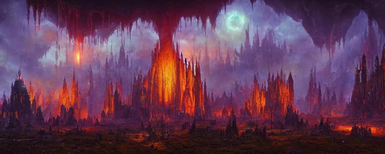 Image similar to ” otherworldly landscape with an epic cathedral, [ by paul lehr, cinematic, detailed, epic, widescreen, opening, establishing, mattepainting, photorealistic, realistic textures, octane render ] ”