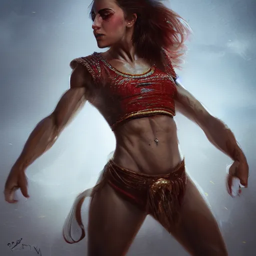 Prompt: proud muscular female turkish dancer girl on haerm, portrait by Cedric Peyravernay, highly detailed, excellent composition, cinematic concept art, dramatic lighting, trending on ArtStation