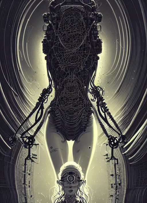 Image similar to highly detailed portrait of a biomechanical long curly white hair tribal lady, stray wiring by atey ghailan, james gilleard, by joe fenton, by greg rutkowski, by greg tocchini, by kaethe butcher, 4 k resolution, gradient yellow, black and white color scheme!!! ( ( dystopian robotic pyramid tomb background ) )