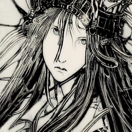 Image similar to yoshitaka amano blurred and dreamy illustration of a girl with black eyes, wavy white hair fluttering in the wind wearing elden ring armor and crown with engraving, highly detailed face, abstract black and white patterns on the background, noisy film grain effect, highly detailed, renaissance oil painting, weird portrait angle, blurred lost edges, three quarter view