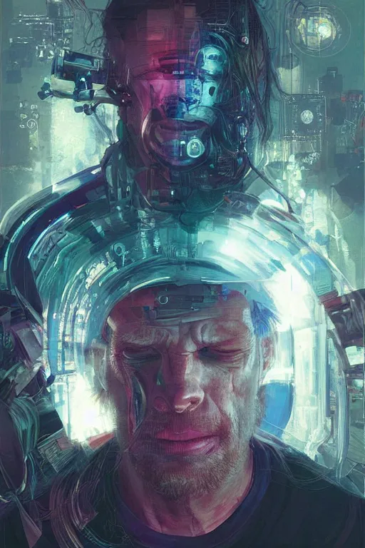 Image similar to A portrait of sad and serious Aphex Twin as a cyberpunk, iridescent highlights, background of digital greebles, highly detailed, intricate, soft, sci-fi, sharp focus, glowing lines, art by Ruan Jia and Moebius