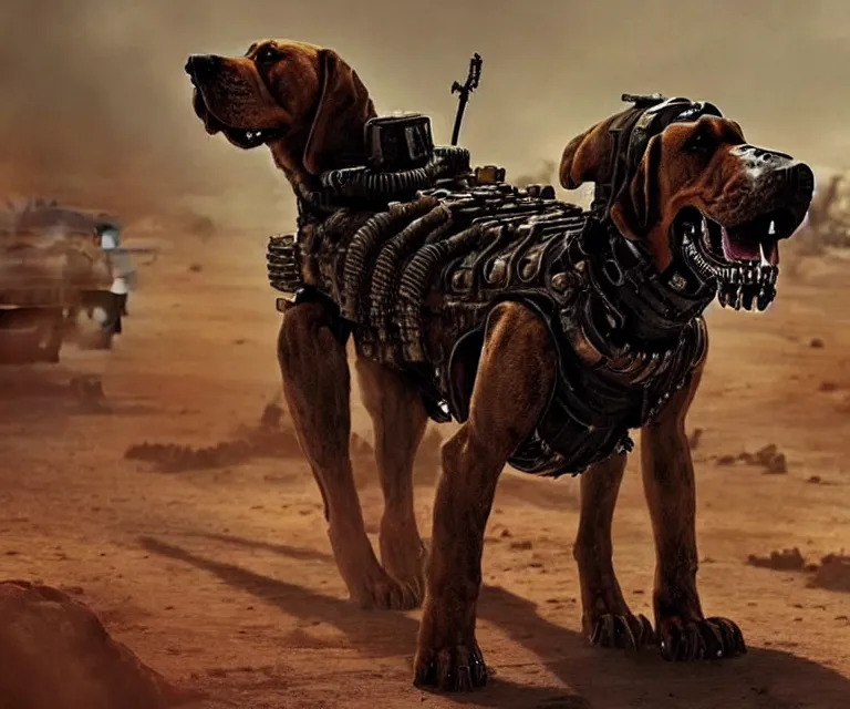 Image similar to a good ol'bloodhound dog fursona ( from the furry fandom ), heavily armed and armored facing down armageddon in a dark and gritty version from the makers of mad max : fury road. witness me.