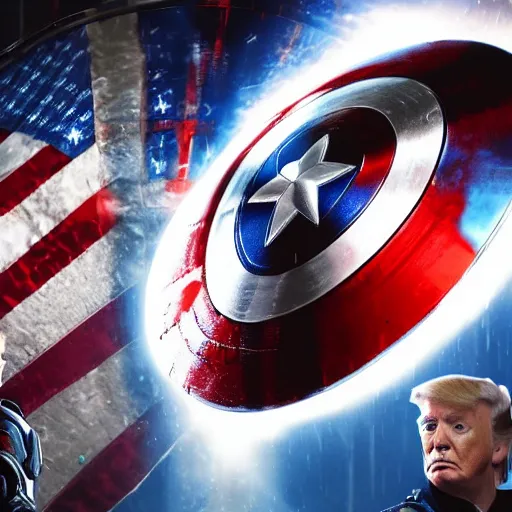 Image similar to portrait of donald trump as captain america in gears of war, splash art, maga, patriot, movie still, cinematic lighting, dramatic, glowing, ray tracing, octane render, long lens, shallow depth of field, bokeh, anamorphic lens flare, 8 k, hyper detailed, 3 5 mm film grain